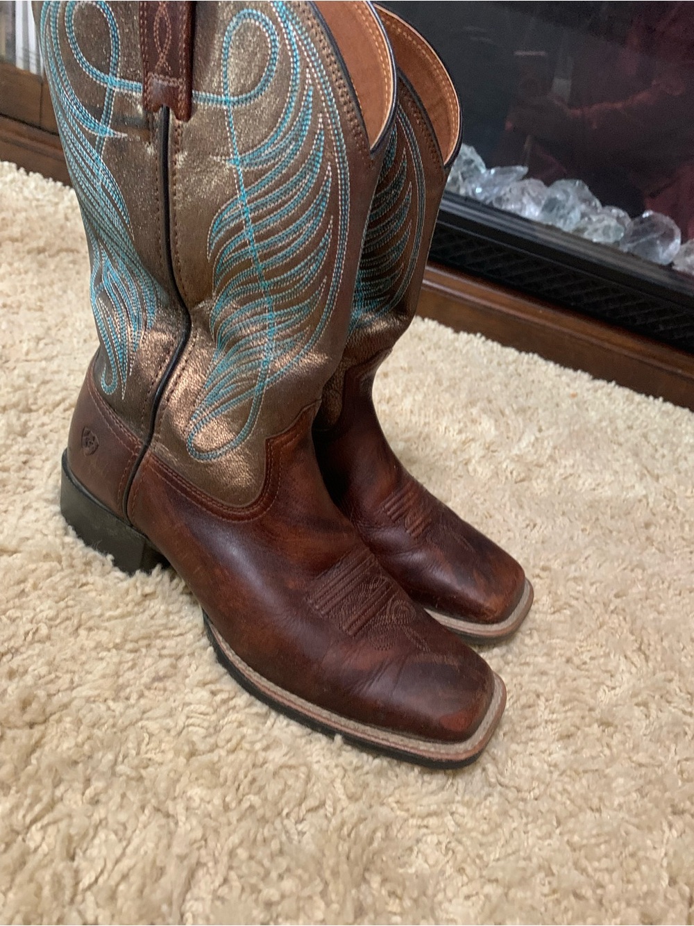 Ariat Brown Leather Western Boots with Turquoise Stitching